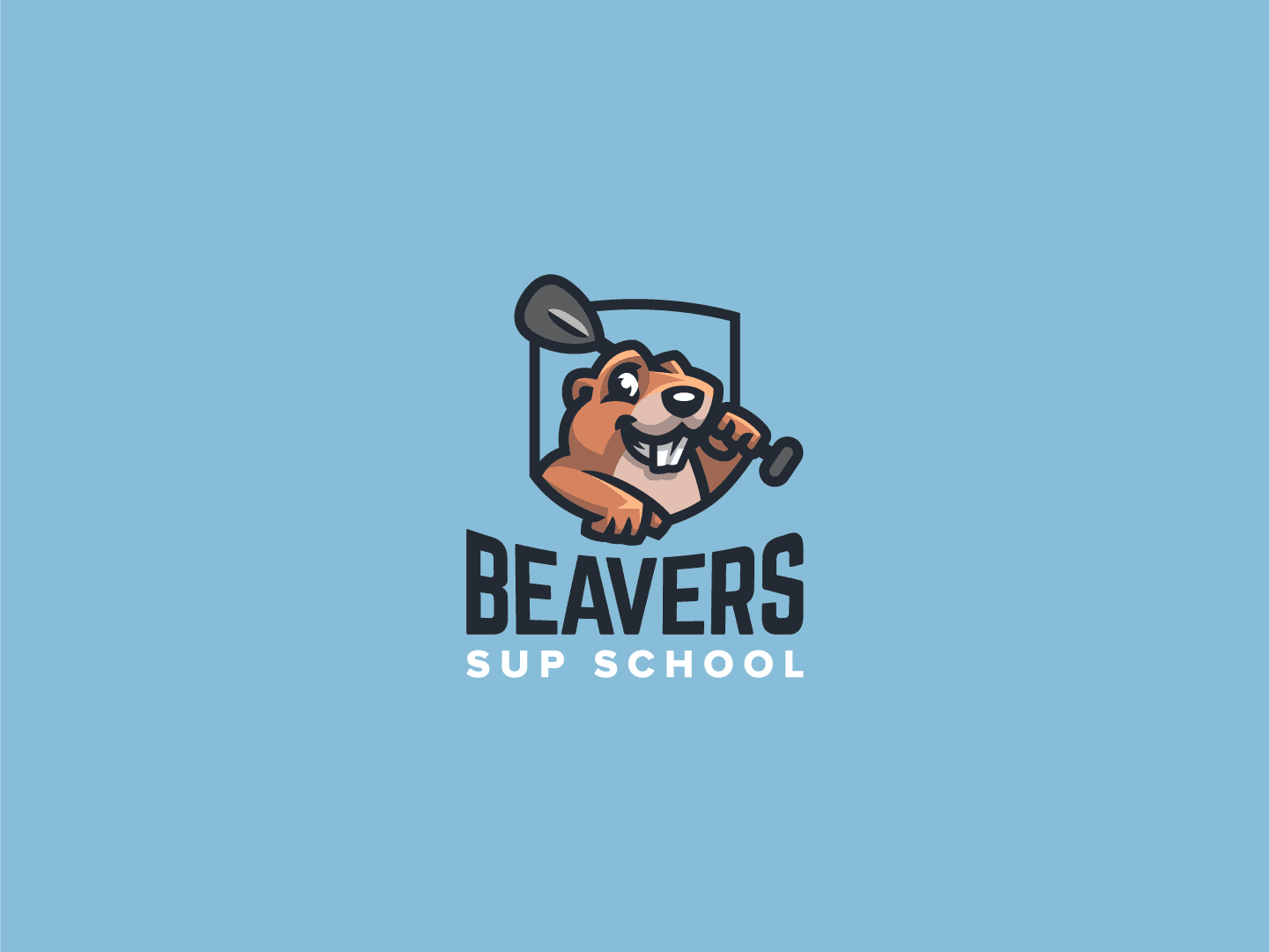 Beavers SUP School logo: a friendly cartoon beaver mascot holding a paddle, on light blue
