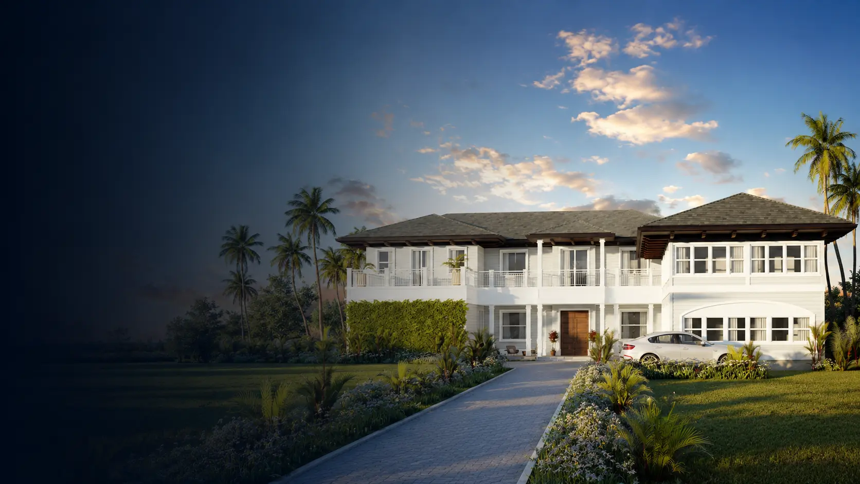 Two-story British Colonial estate in Coconut Grove at dusk, with a paver driveway, palm trees, lush tropical landscaping, and a hip roof framed against a sunset sky.