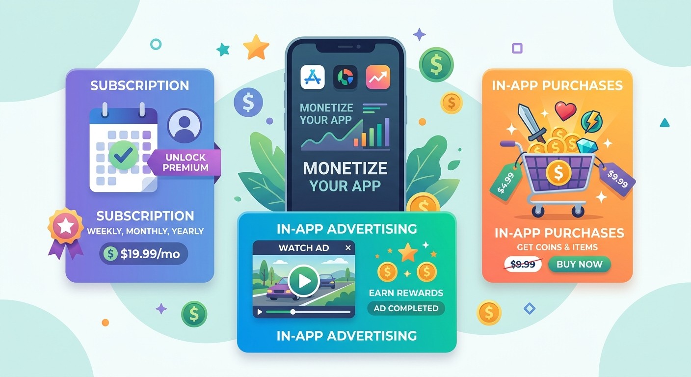 Illustration of the main app monetization models including subscriptions, ads, and in-app purchases