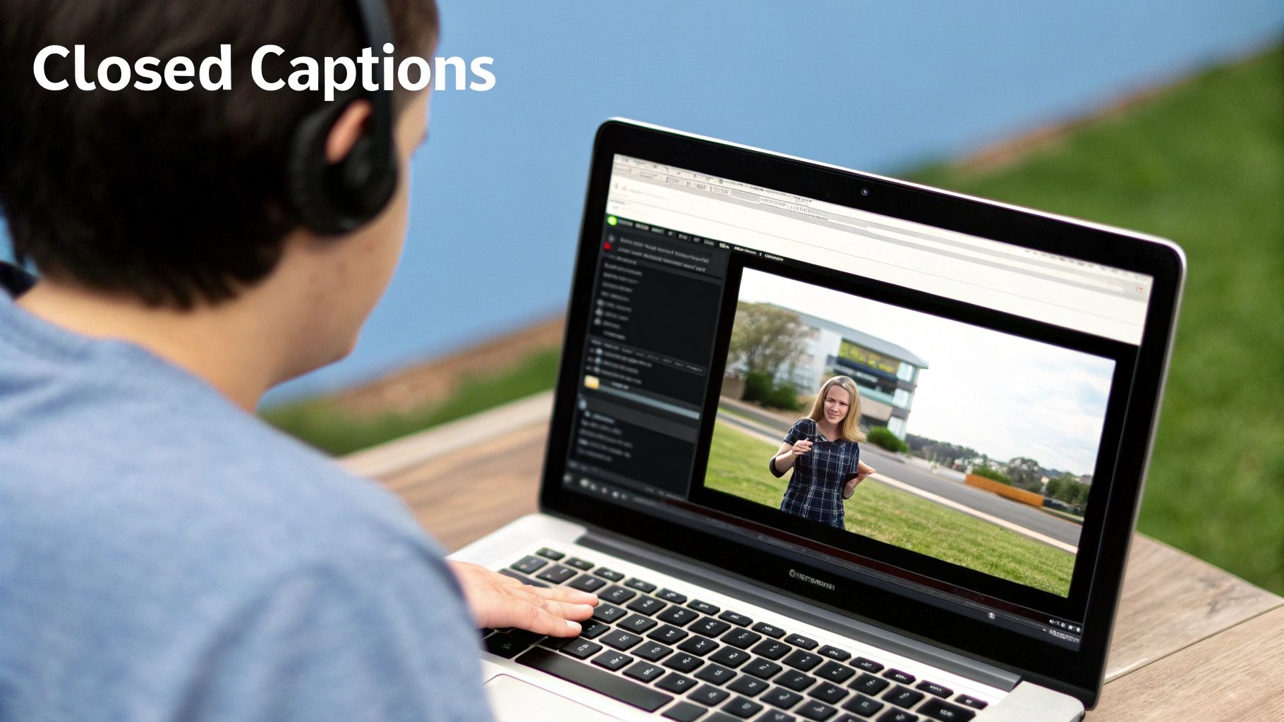 A person wearing headphones watches a video on a laptop outdoors, showing a woman and the text 'Closed Captions'.