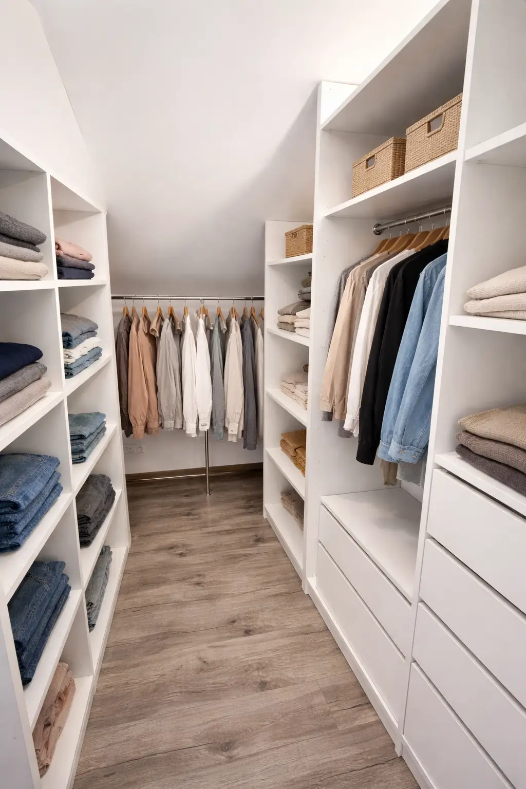 Zdjęcie otwartej garderoby pod skosami z białymi półkami i wieszakiem na ubrania.