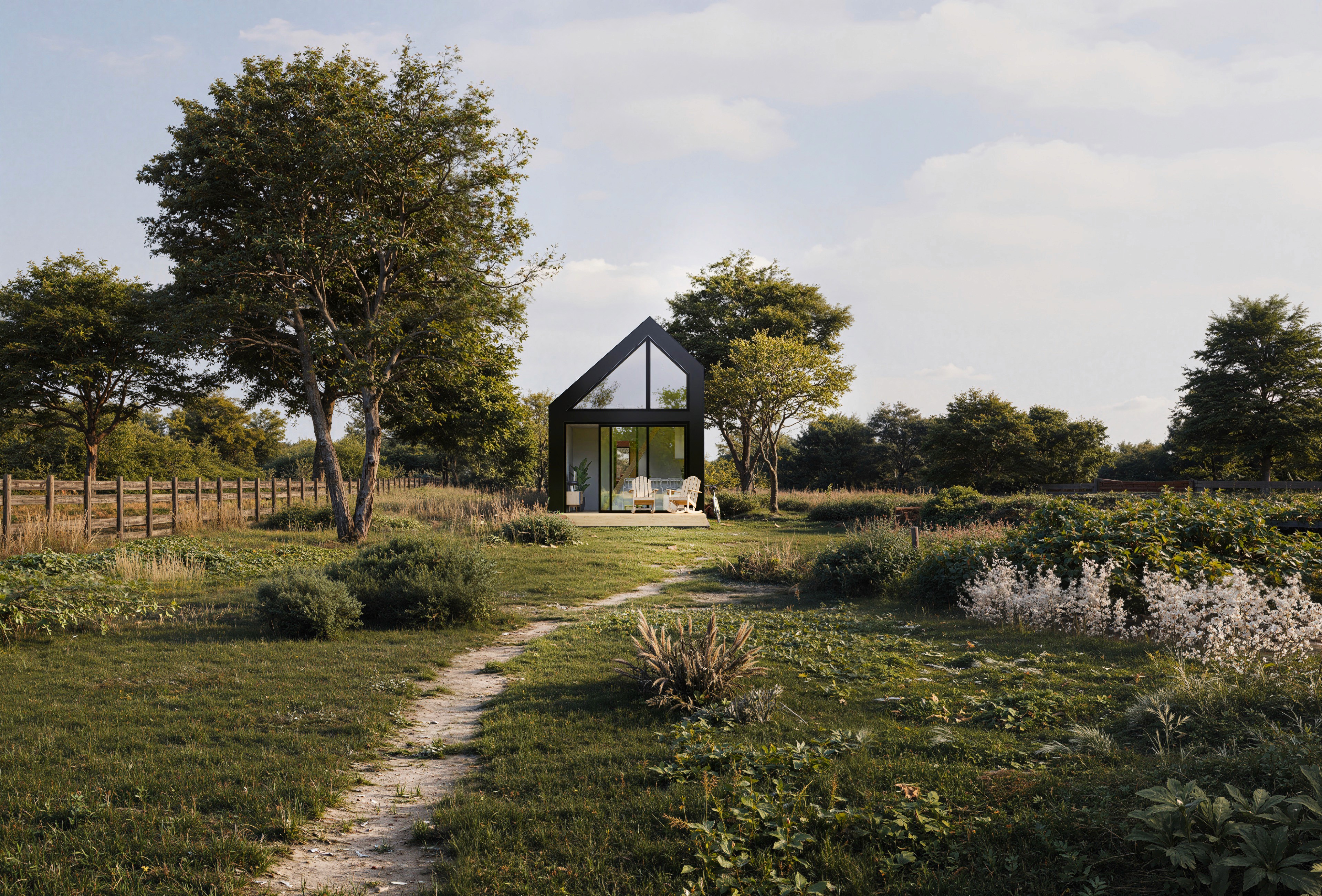 Child walking on a wooden beam with a large tree and swing nearby in a courtyard of modern wooden houses, while another person adjusts a bicycle.