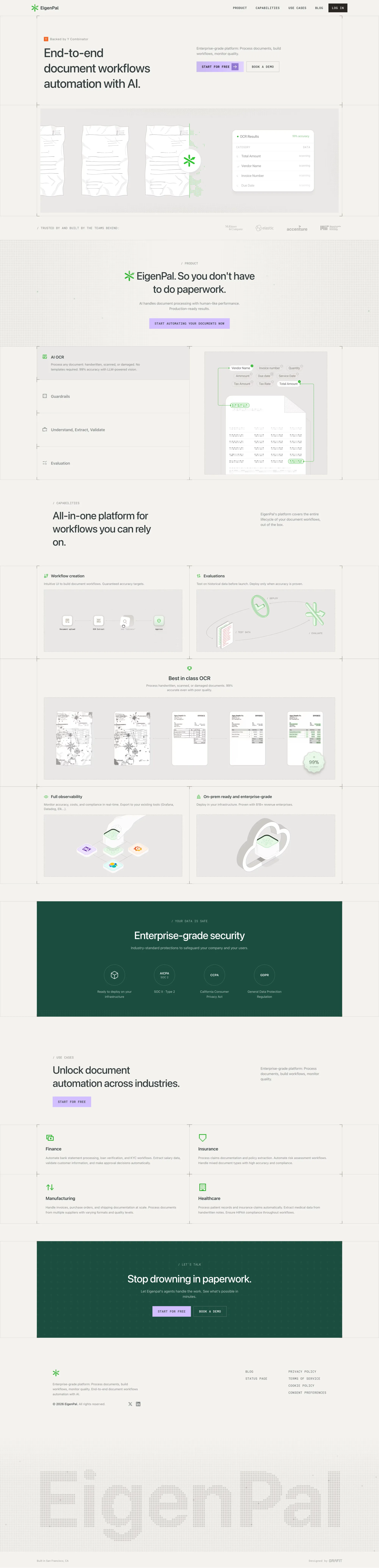 EigenPal - AI Document Automation Platfo landing page screenshot showcasing AI and Tech design