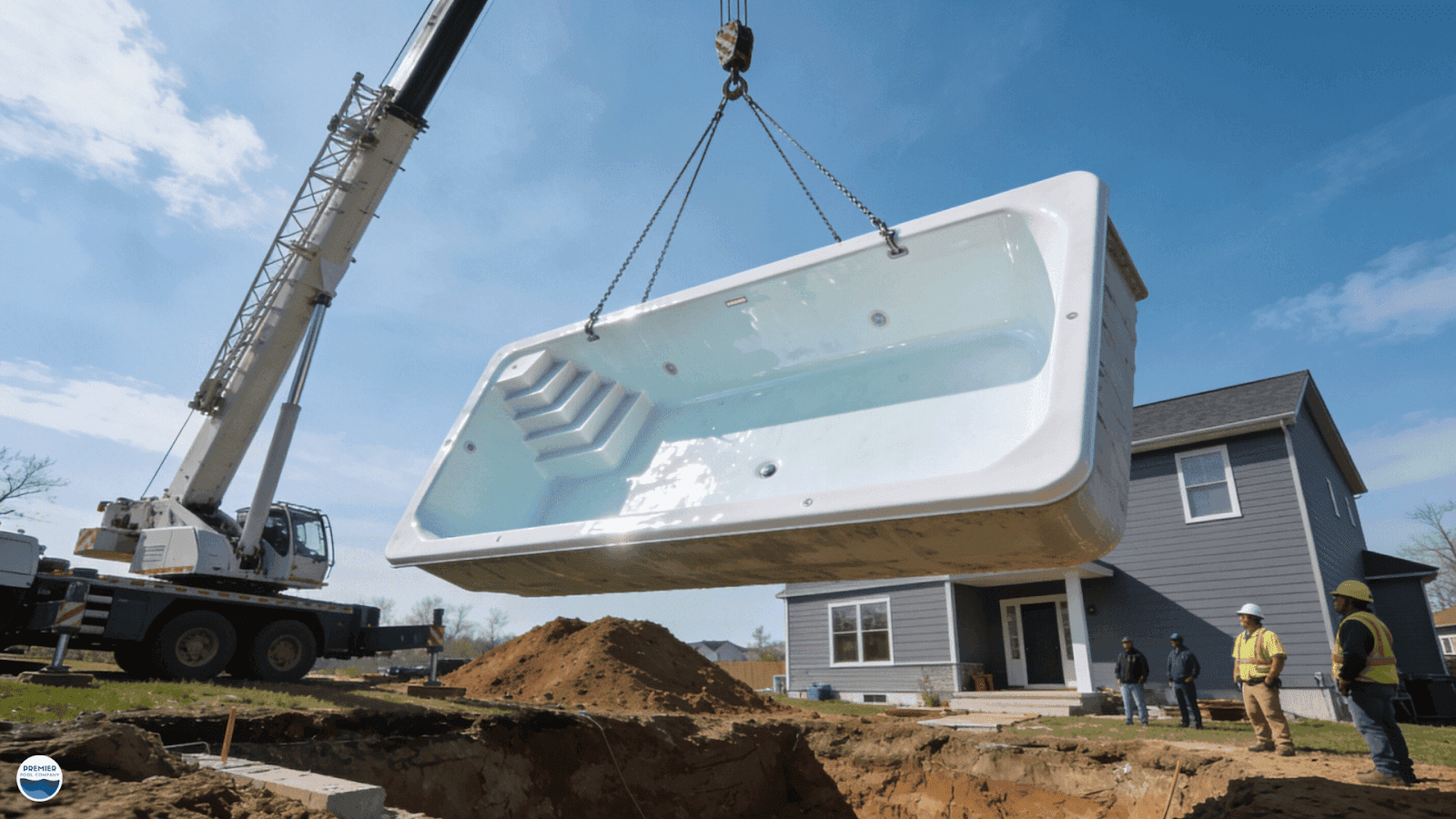 Lowering fiberglass pool shell into excavation