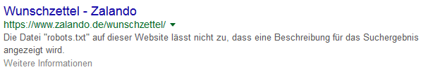 Suchergebnisseite bei Google mit einer gesperrten Beschreibung aufgrund der robots.txt