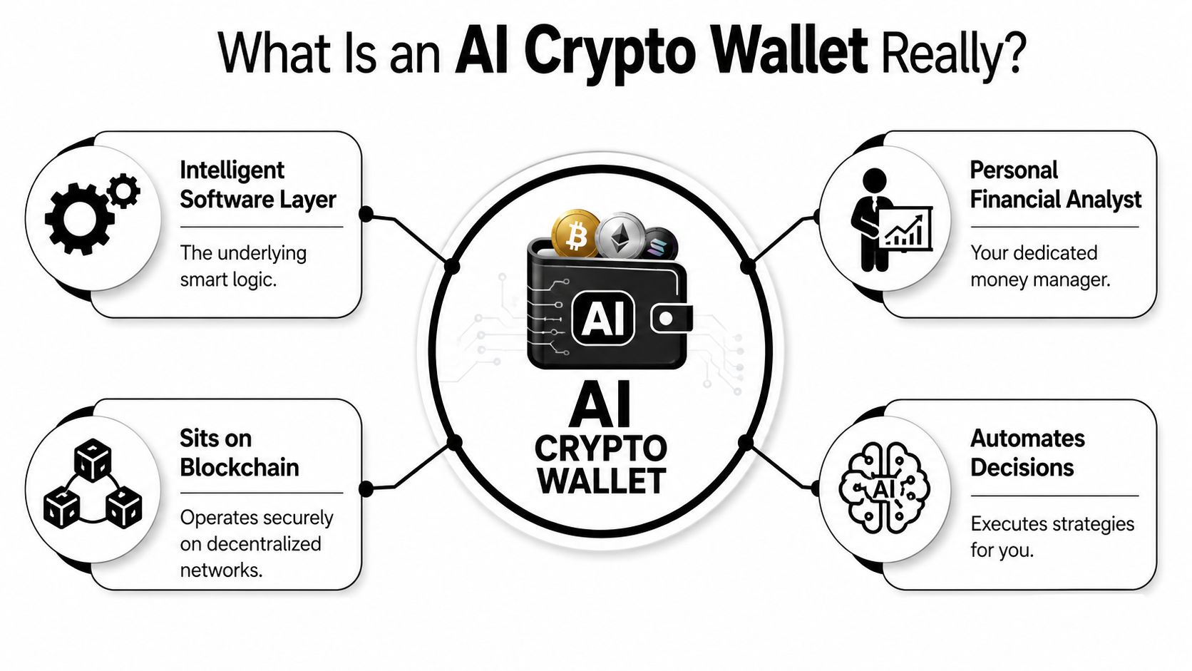 An infographic titled What Is an AI Crypto Wallet Really explaining its four core functional components.