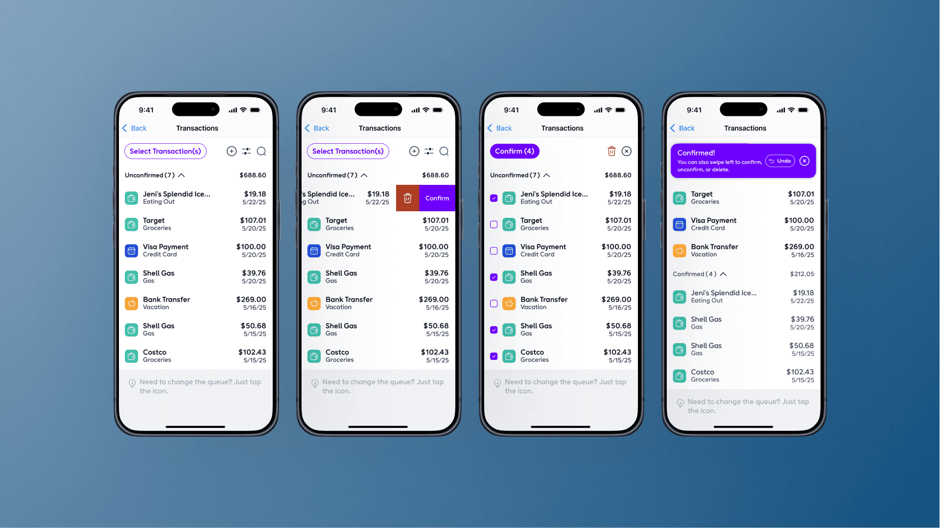 The sequence of confirming transactions.