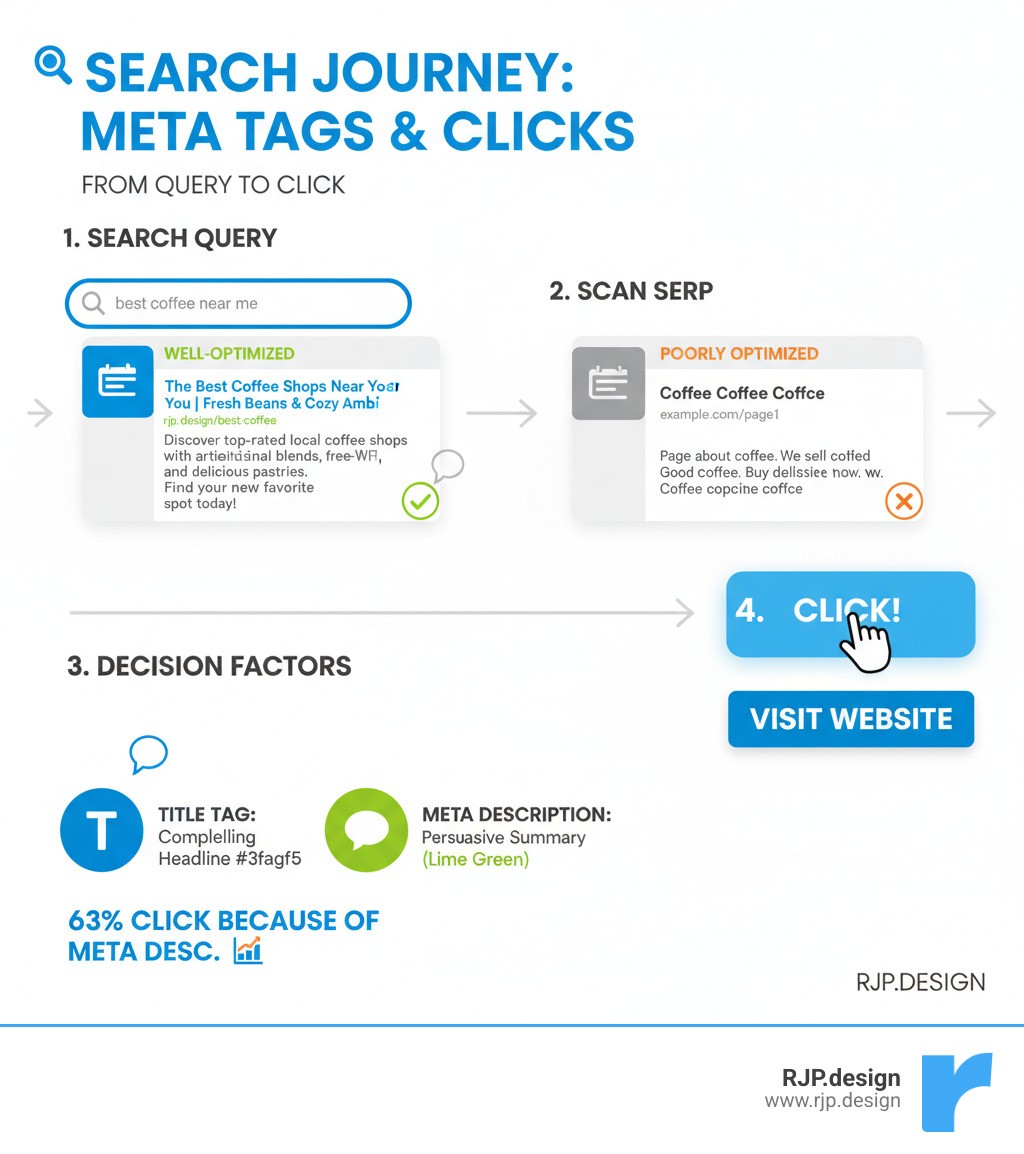 Infographic showing the user journey from search query to clicking on a search result, highlighting how title tags and meta descriptions influence the decision to click, with examples of well-optimized vs poorly optimized SERP snippets - search engine optimization meta tags infographic 