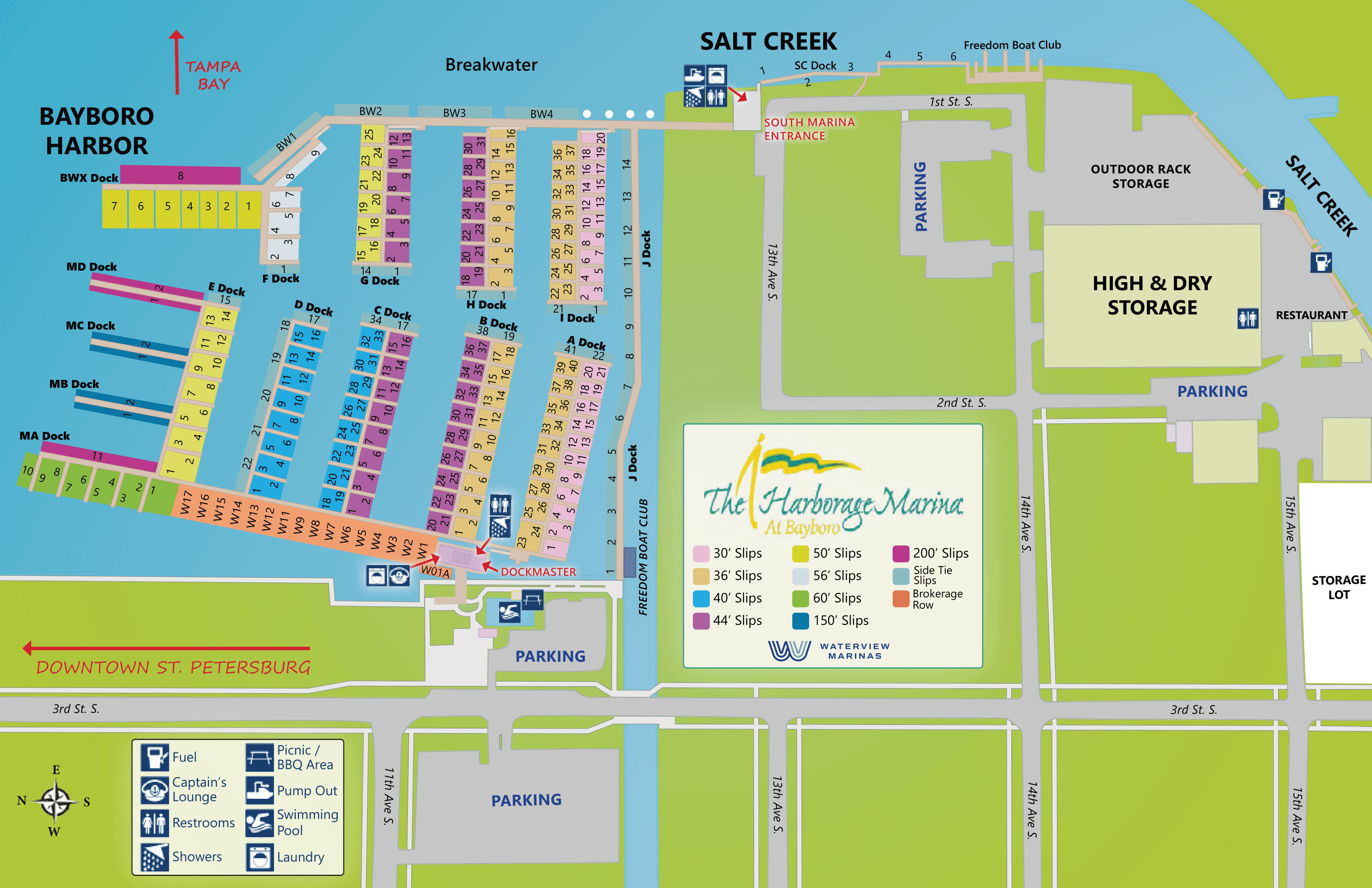 This is a colorful layout map of the Harborage Marina in St. Petersburg, highlighting various docks, labeled streets, parking areas, and amenities such as the High & Dry storage, Salt Creek, and downtown access.