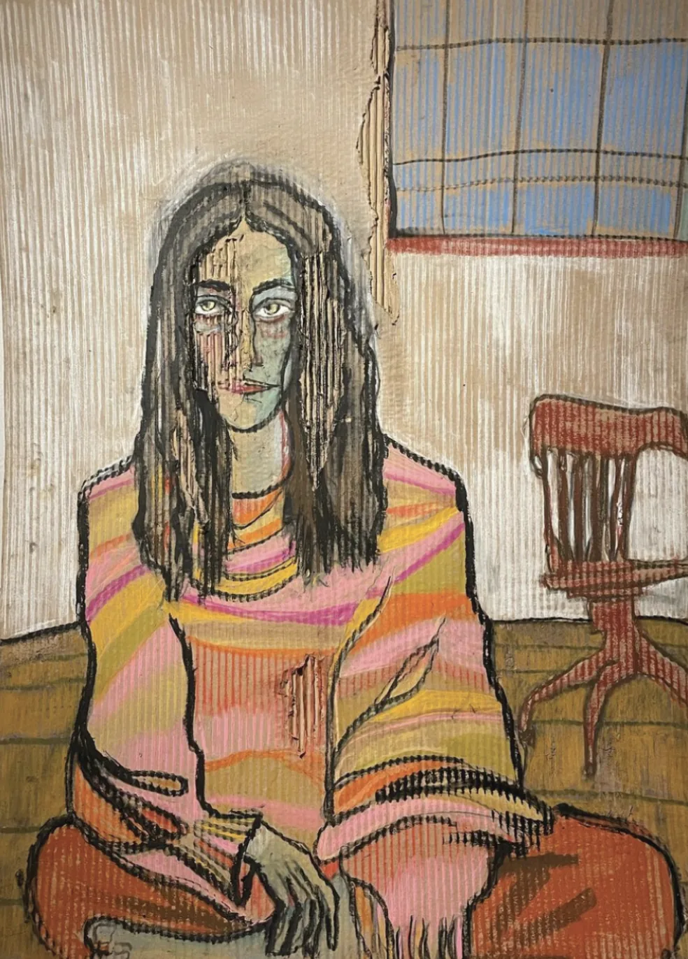 Autorretrato con silla, obra técnica mixta