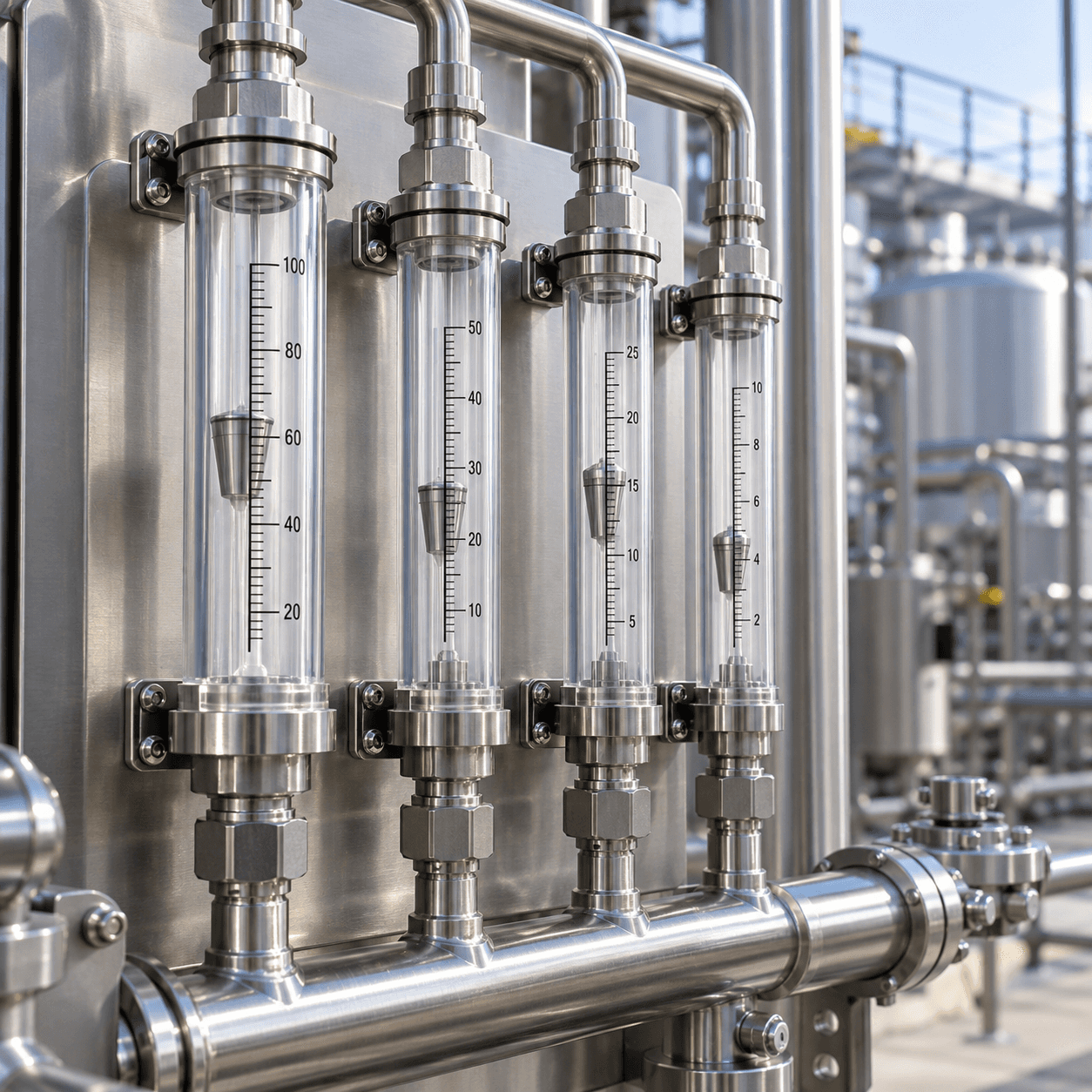 Bank of four glass-tube variable area flow meters (rotameters) on a stainless steel panel
