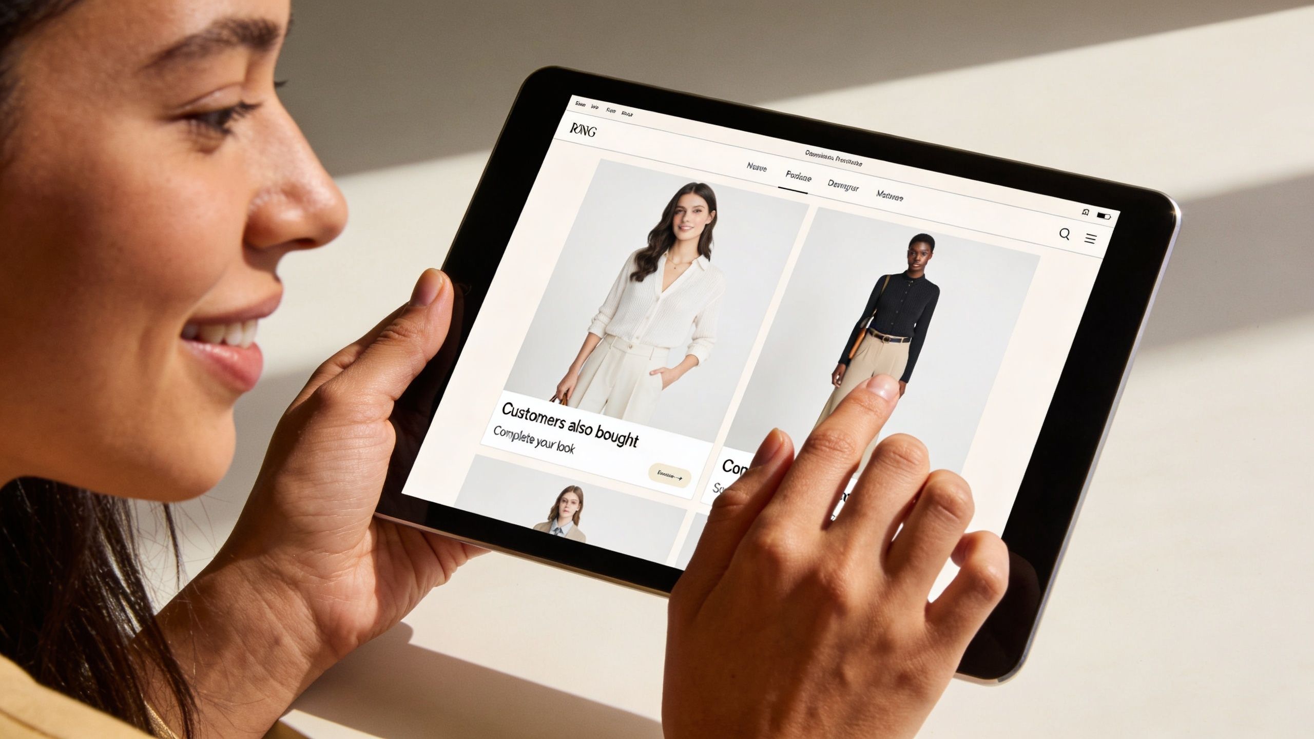 A smiling woman using a tablet to browse a fashion e-commerce store with clothing product displays.