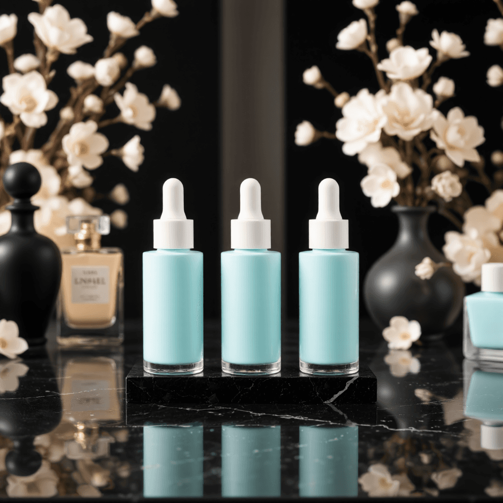 product photography of a set of skincare serums in dropper bottles