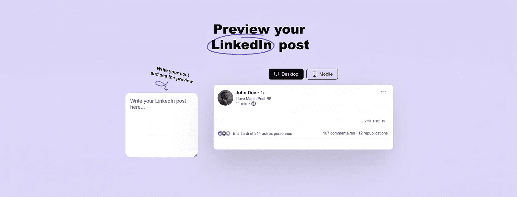 MagicPost's LinkedIn post previewer tool, showing a box where the user pastes their text and a live preview of what it looks like on LinkedIn