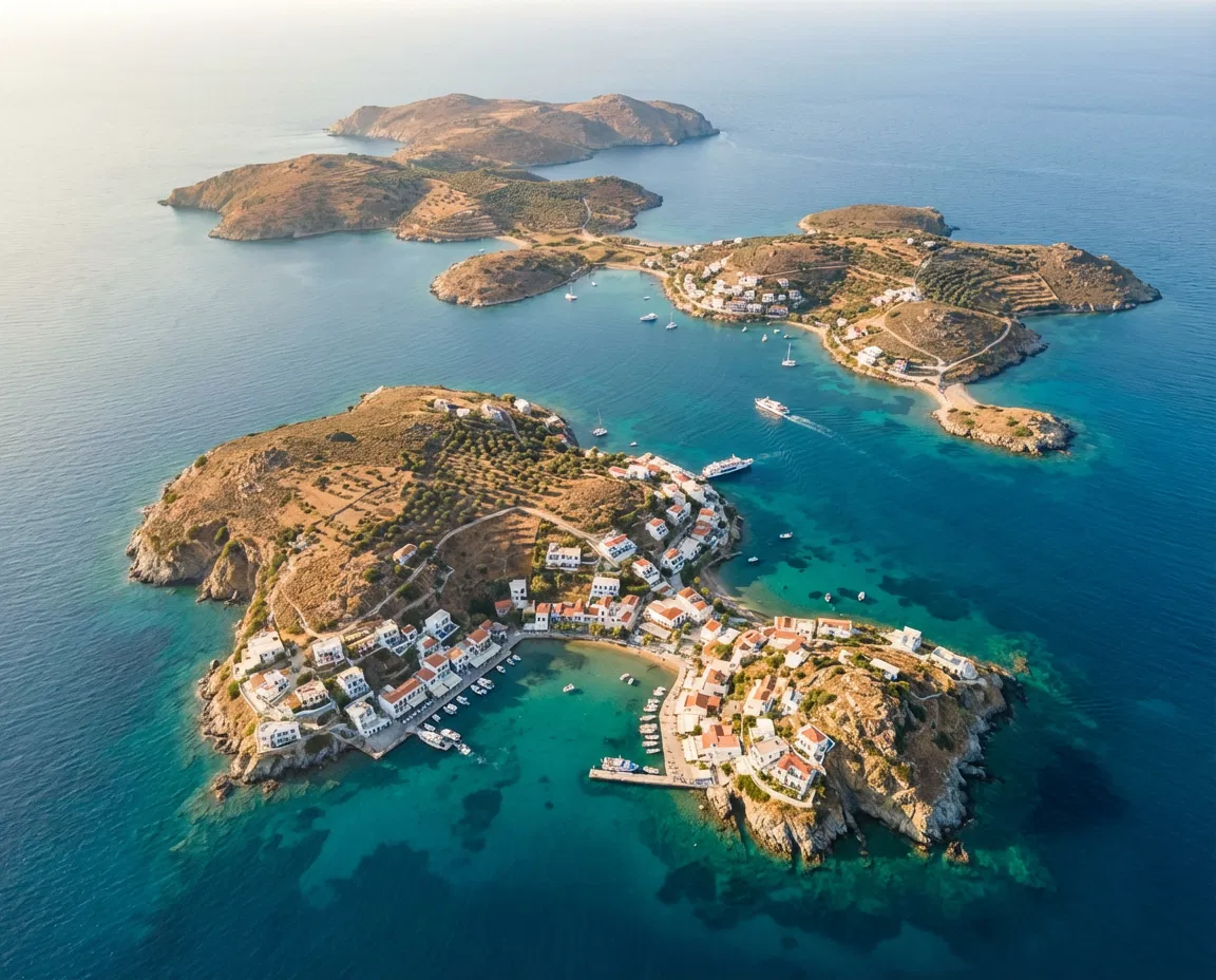 Aerial scenic view of Greek Aegean islands with blue sea and coastal villages.
