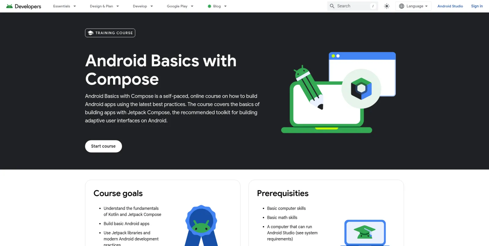 Google's Android Basics with Compose course page showing its course goals and prerequisites