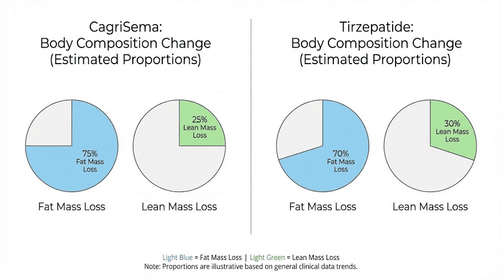 Body composition changes with CagriSema vs tirzepatide showing fat and lean mass loss ratios