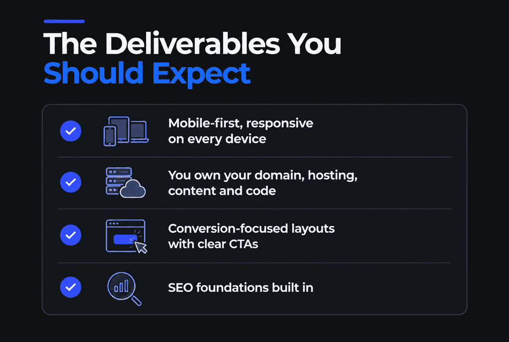 Infographic of the deliverables you should expect from custom web development: strategy, design, development, CMS, SEO setup, testing and training