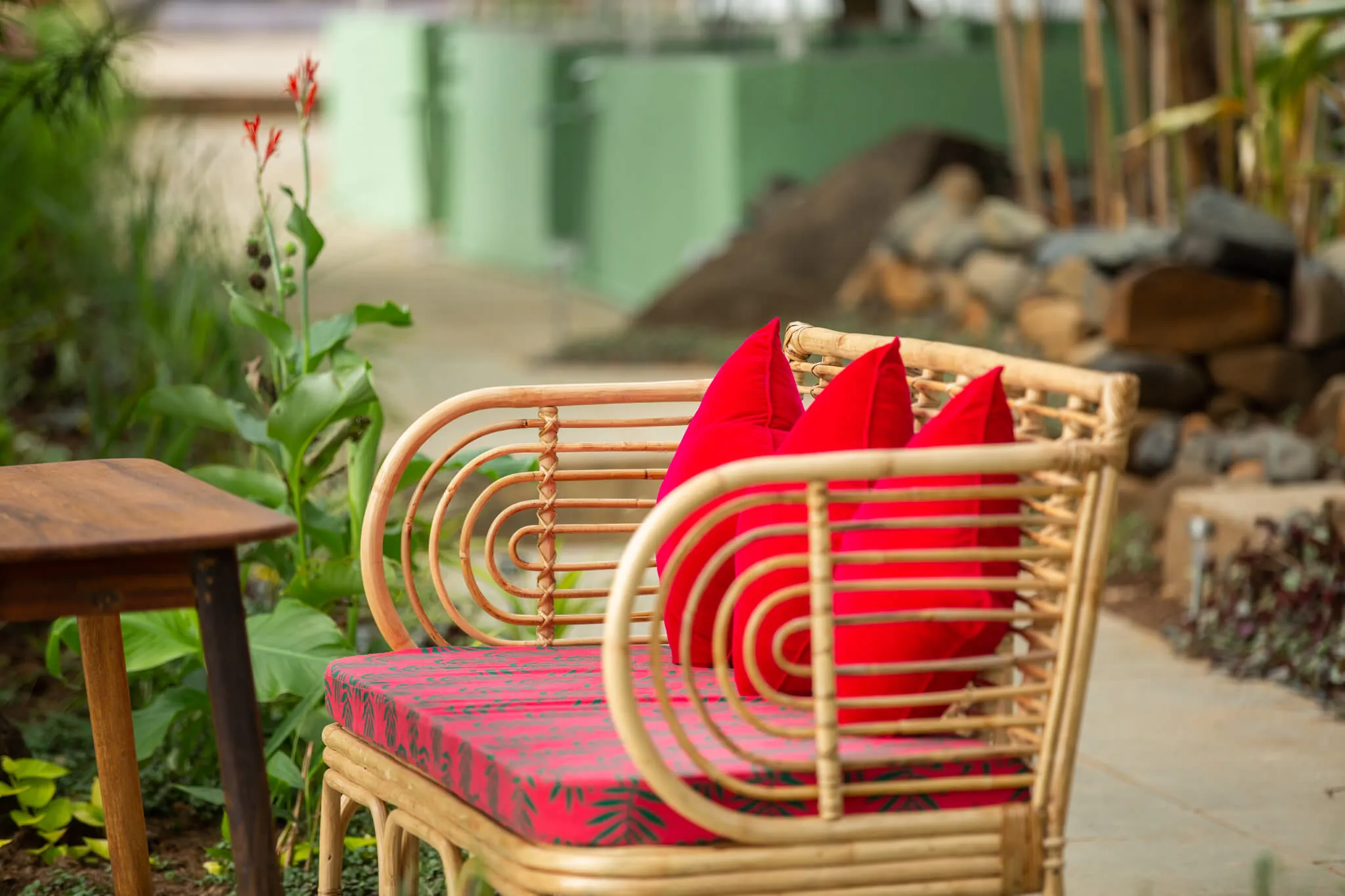 Sculptural rattan chair in the garden at Casa Jaali