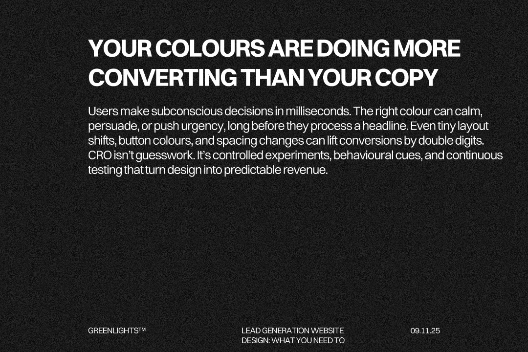 Color psychology and layout principles for conversion design, highlighting how colour choices, white space, directional cues, and A/B testing impact website conversion rates.