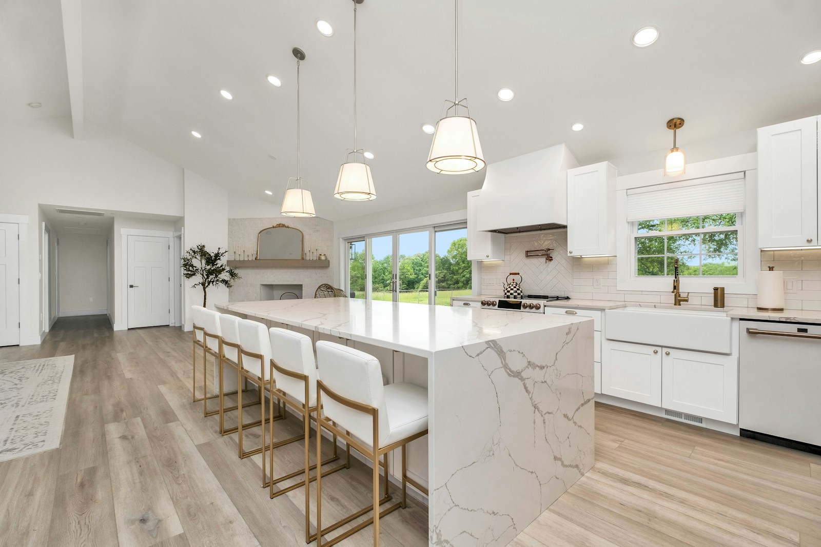 Modern kitchen island with pendant lighting