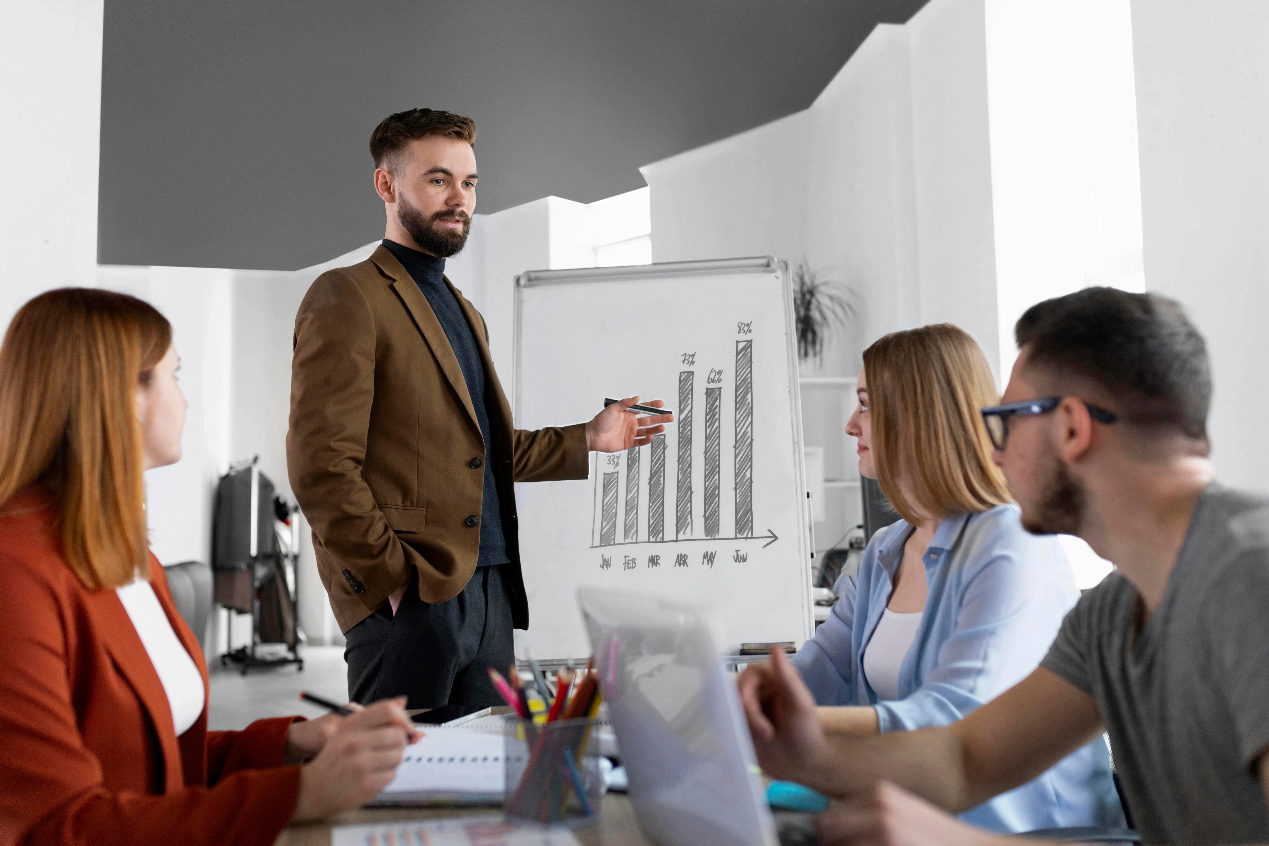 A professional businessman in a brown blazer presenting a bar chart on a whiteboard to a group of attentive colleagues during an office meeting.