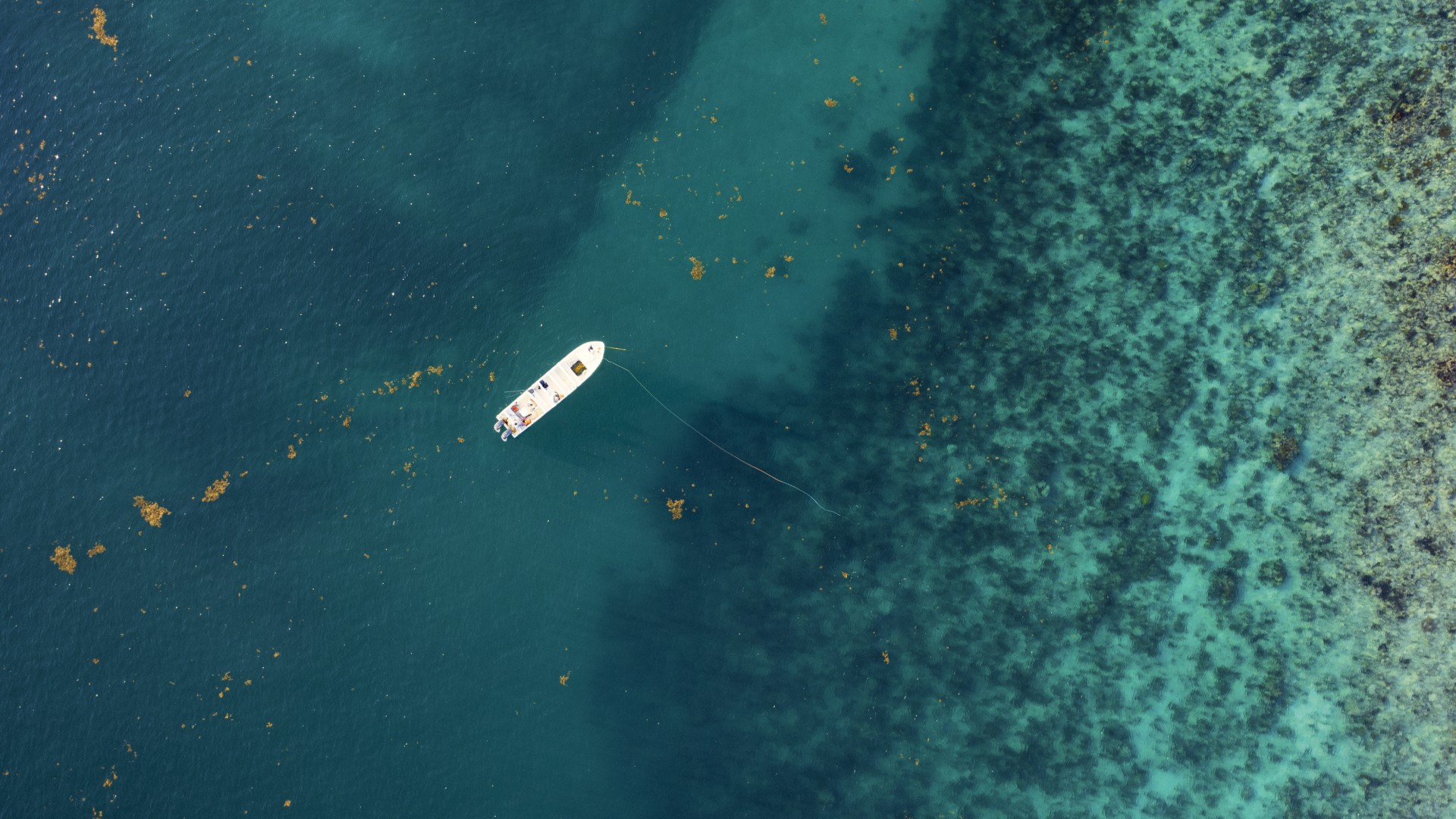 Drone image of a skiff with anglers fishing for tarpon on a steep dropoff in clear, deep turqoise water