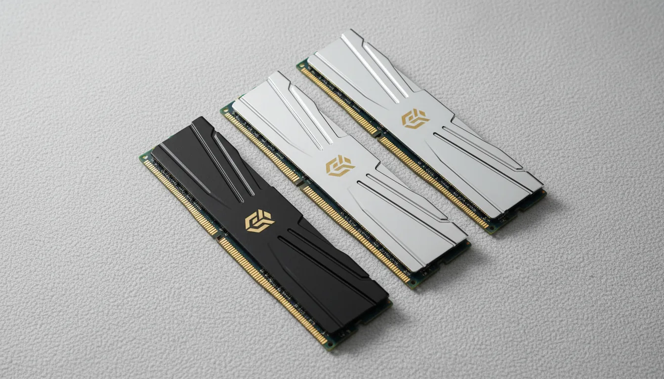 Professional DSLR product photography from a top-down, flat lay perspective. Four high-performance computer RAM sticks are arranged diagonally on a light gray, slightly textured surface. Two of the RAM modules have a matte black heat spreader with a simple gold geometric logo. The other two modules feature a highly reflective, polished chrome heat spreader with an angular, futuristic design. The scene is illuminated by soft studio lighting, creating diffuse shadows and highlighting the contrast between the matte and metallic textures. The entire image is in sharp focus, capturing the fine details of the gold contact pins.