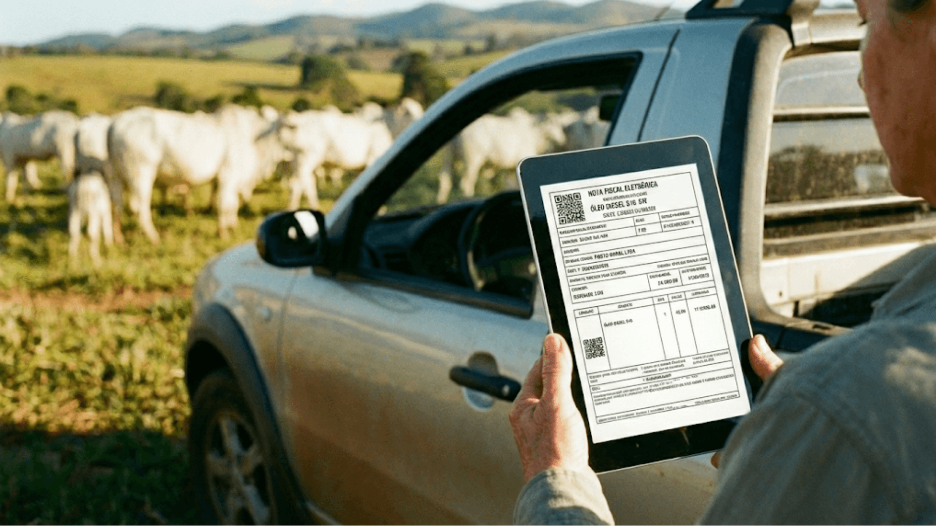 Produtor rural analisando nota fiscal eletrônica em tablet no campo para evitar erros na escrituração do E-Cred Rural.
