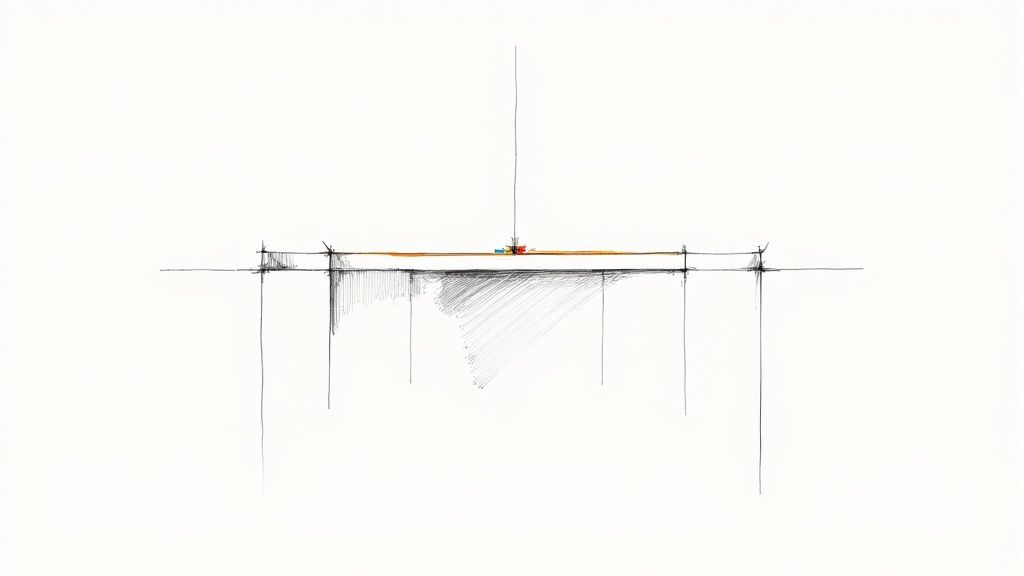 Minimalist architectural sketch of a suspended horizontal structure with a central colorful element.