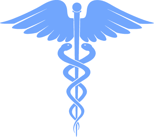 A light blue caduceus symbol, featuring a central staff with two intertwined snakes and prominent wings at the top,.