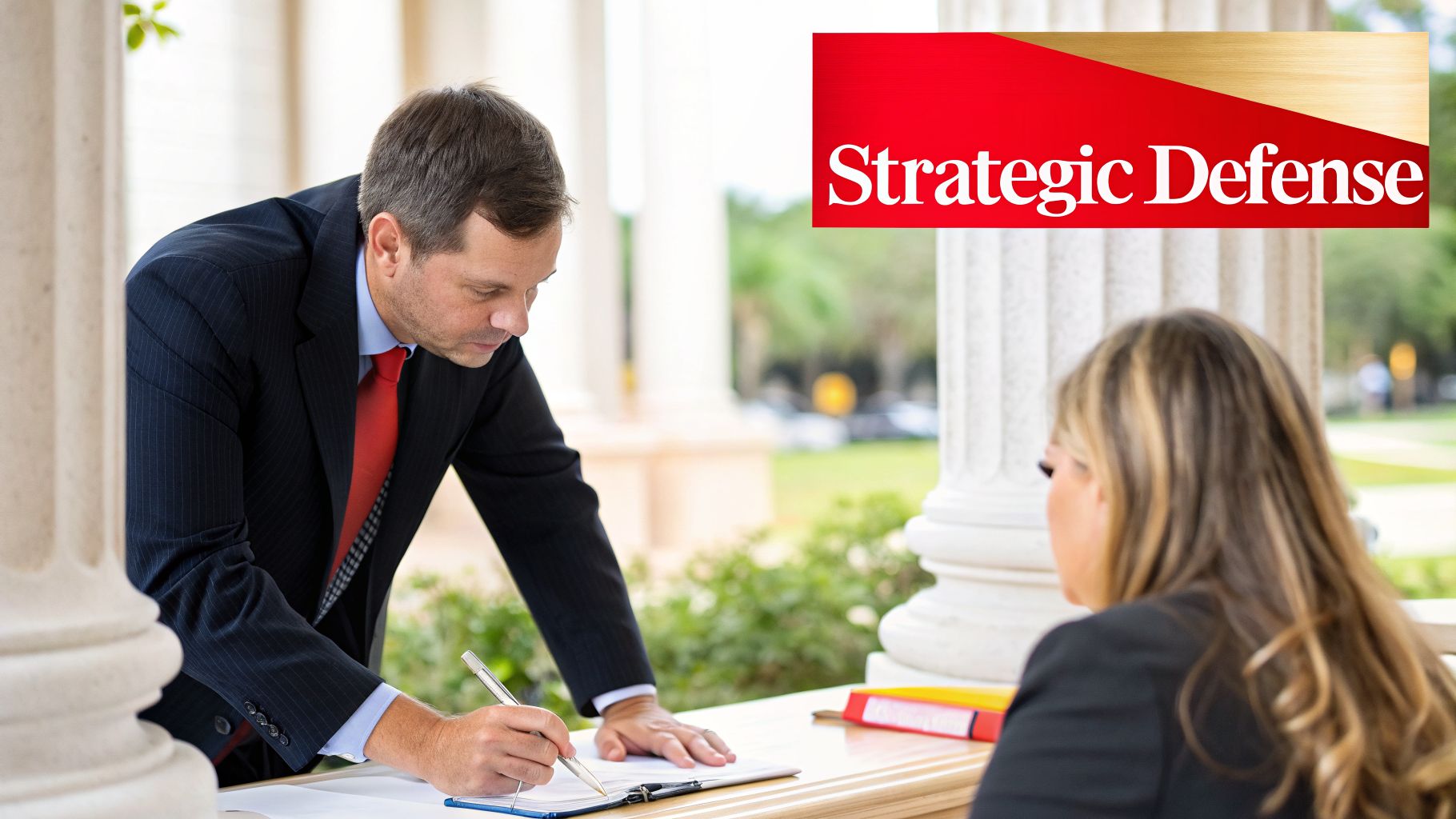 A man in a suit and red tie signs documents, meeting with a woman outdoors.