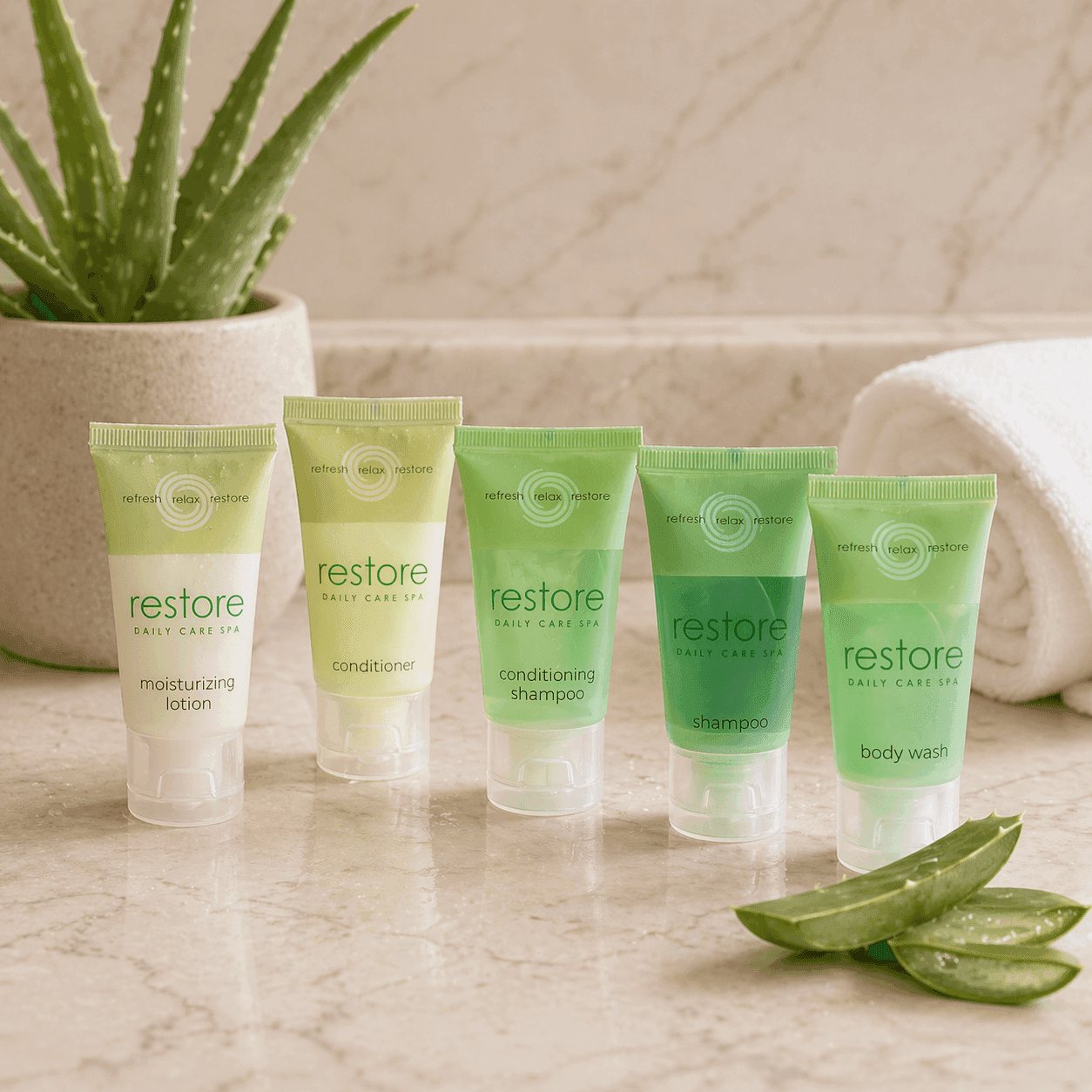 Collection of Restore body care tubes including shampoo, conditioner, body wash, and moisturizing lotion displayed on a light marble hotel bathroom countertop with aloe plant accents and soft natural lighting.