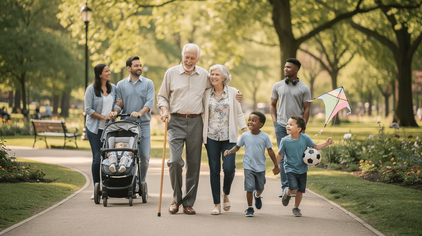 A multi-generational family is joyfully walking together through a park, showcasing the love and connection that spans decades. This scene reflects the importance of community and family bonds in creating lasting memories, which can be as valuable as making a million dollars through wise investments.