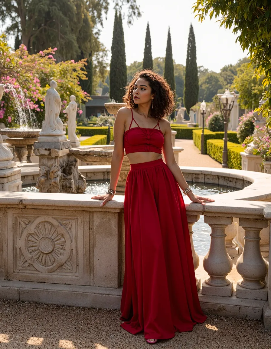 Striking red two-piece outfit featuring a crop top and flowing skirt in an elegant garden setting with fountain and classical sculptures