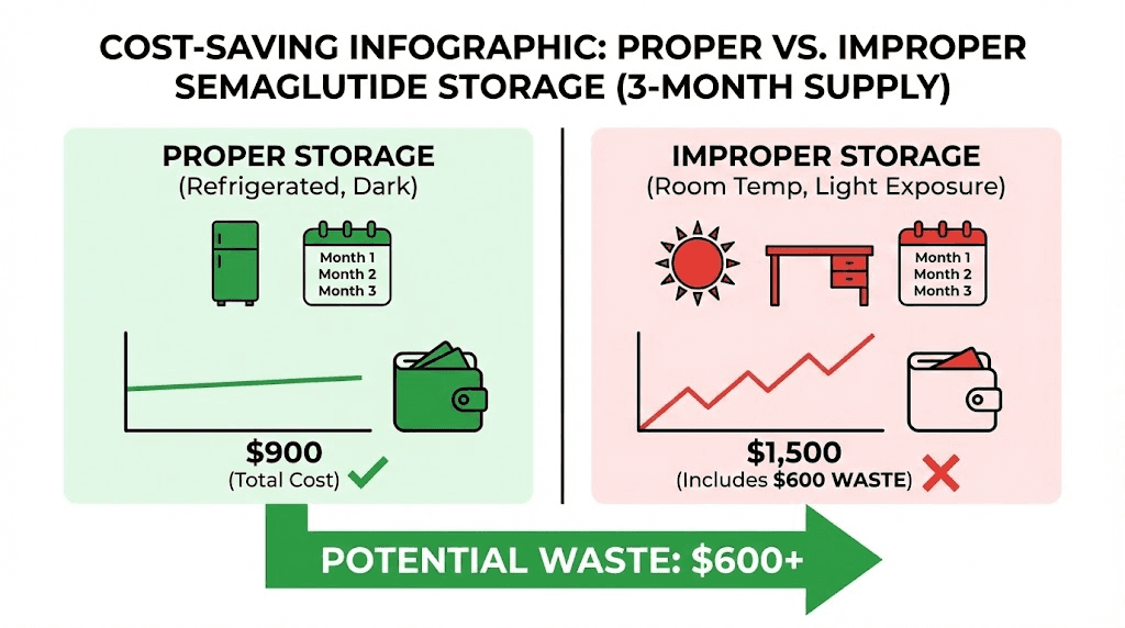 Cost comparison showing money saved with proper compounded semaglutide storage versus waste from poor storage