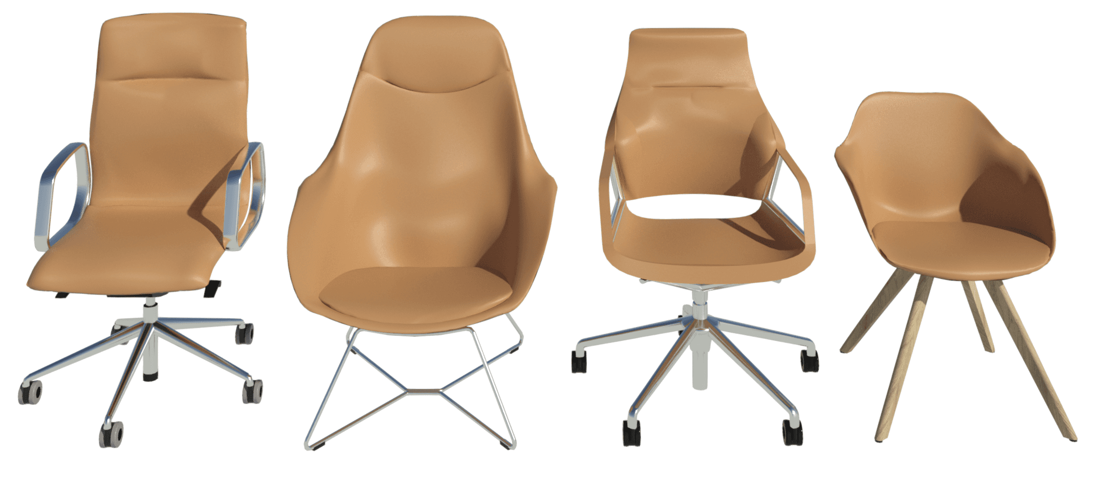 Revit Ray Trace showing the Decide, Yonda Lounge, Graph and Yonda chairs all in leather 74/10.
