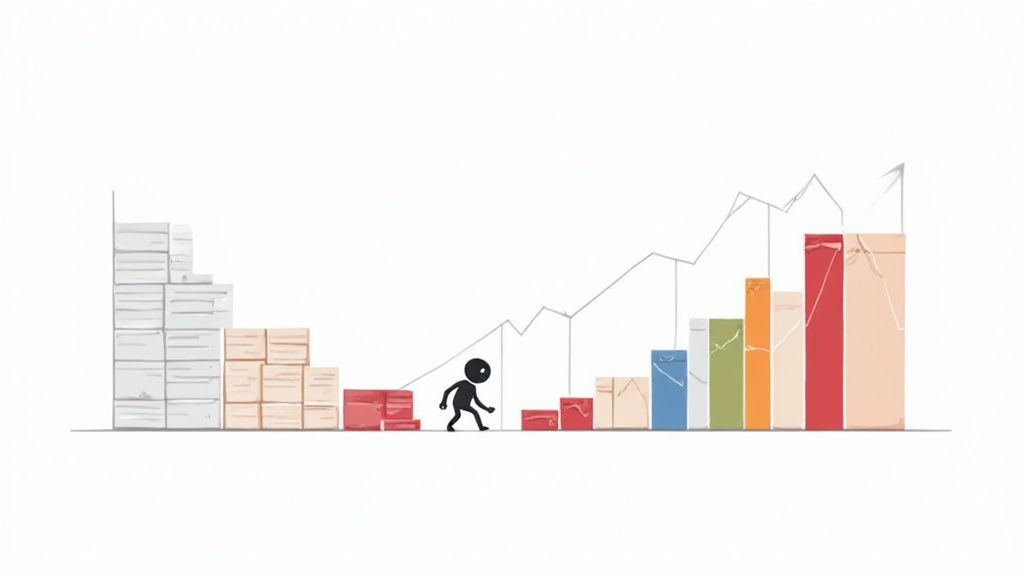 A black stick figure walks up a rising bar graph, overcoming low points towards continuous growth, symbolizing progress.