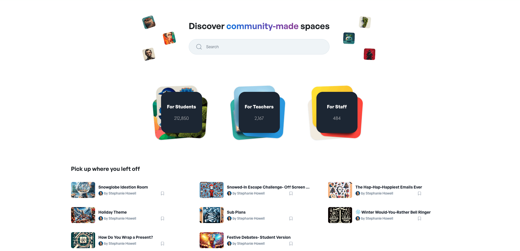 The SchoolAI "Discover" page, where users can find a Space to use.