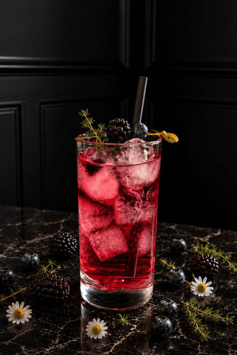 Cocktail rosso servito in bicchiere con more, camomilla e timo
