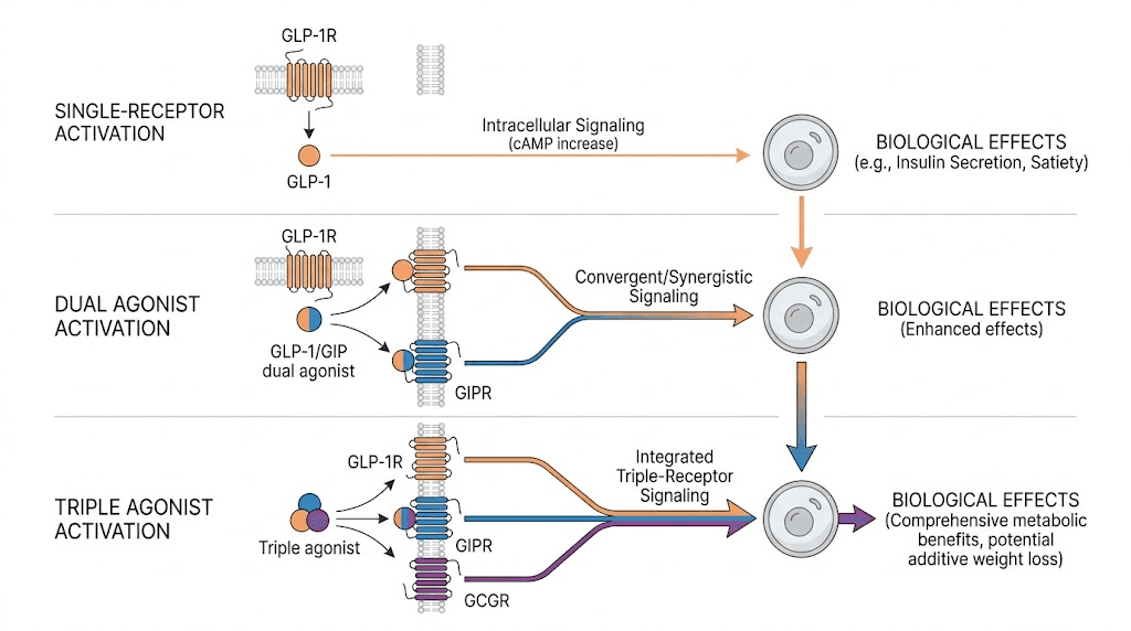 Pure GLP-1 receptor agonist pathway compared to dual and triple agonist activation