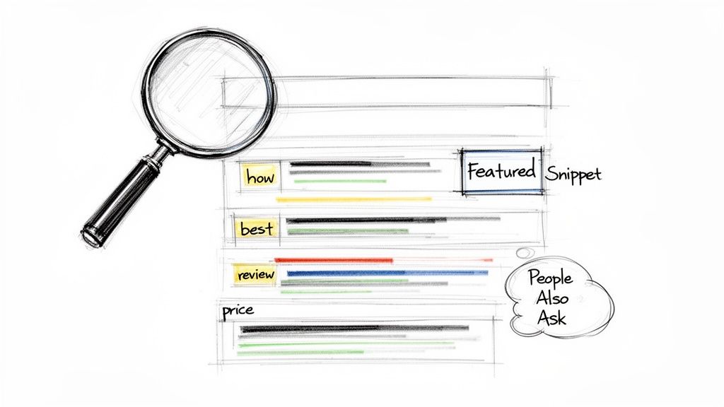 A magnifying glass over sketched search results, highlighting featured snippets and people also ask sections.