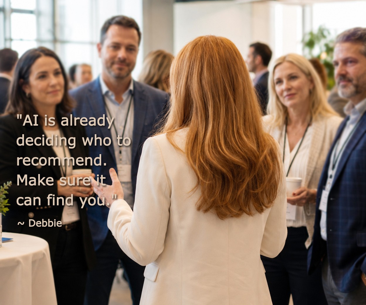 red-haired women speaking with business owners and marketers about the importance of Ai Visibility for their business