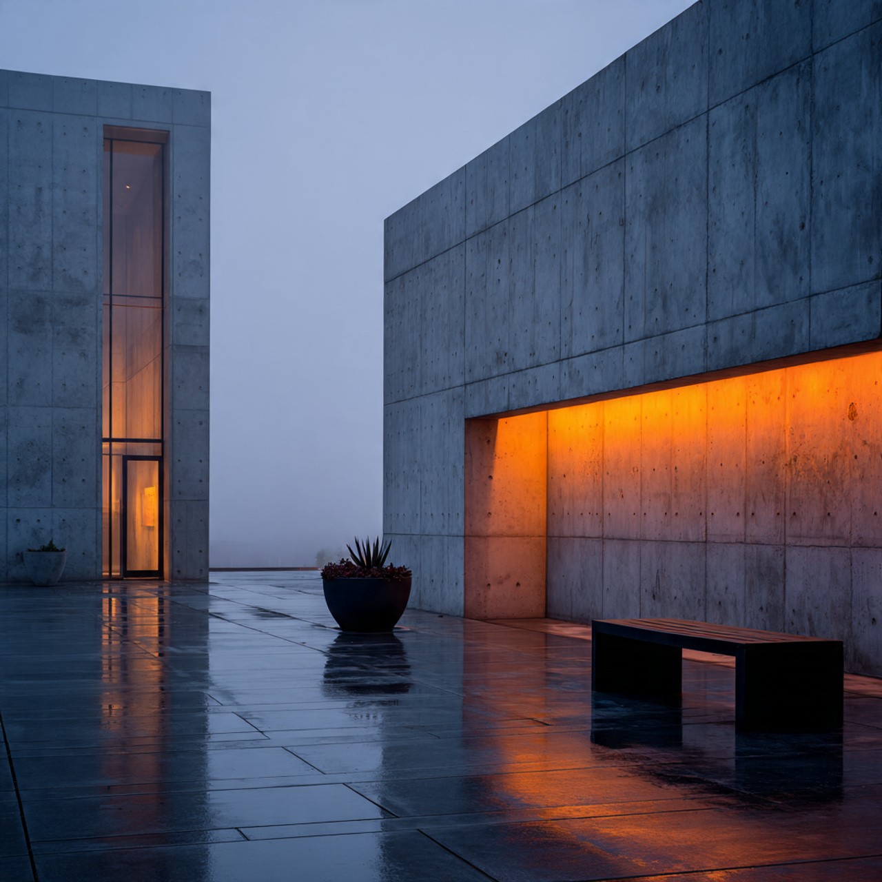 Modern concrete buildings at dusk with warm orange lighting. A wet pavement reflects the light, creating a serene and minimalist atmosphere.
