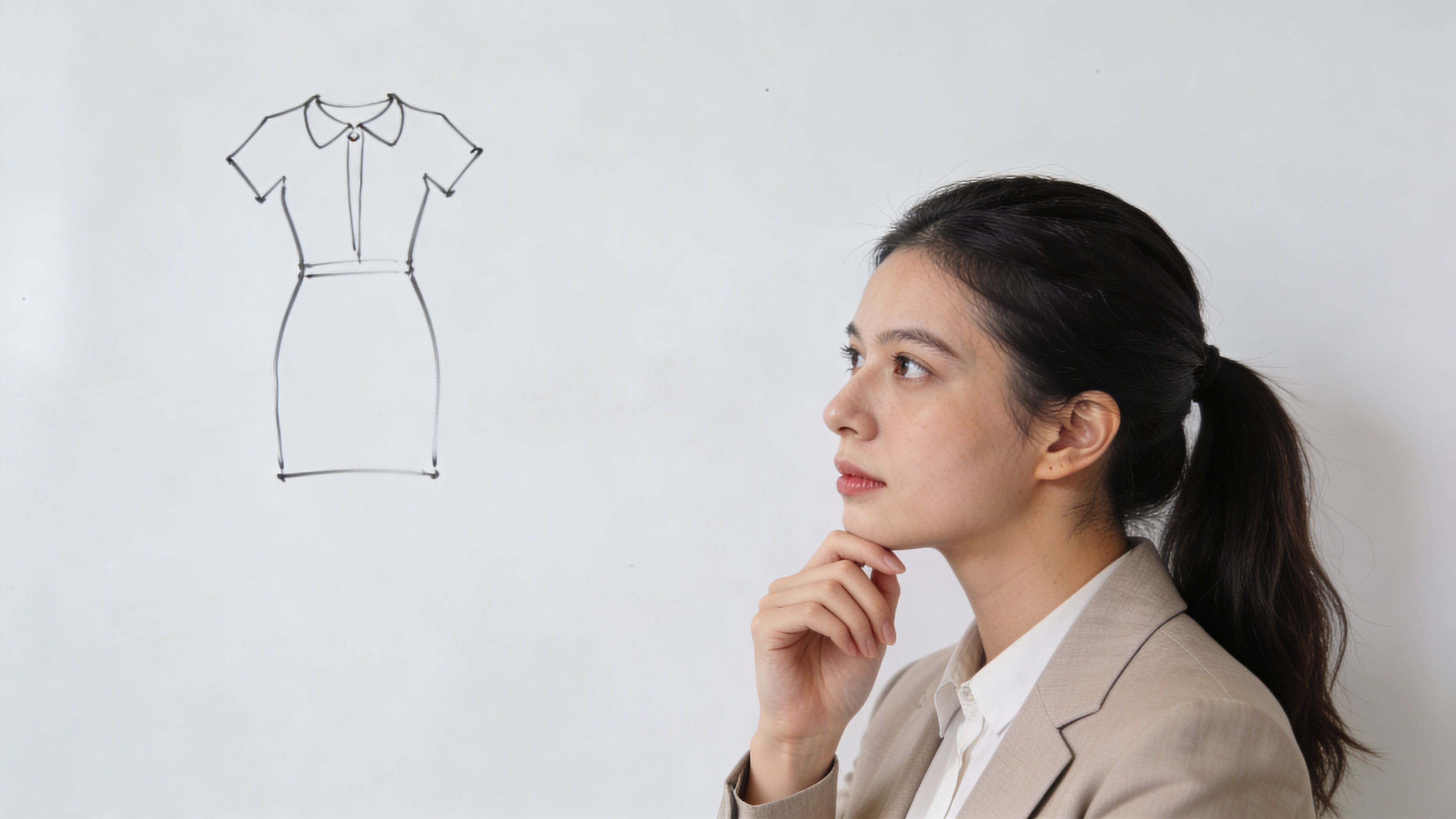 A professional woman in a beige blazer pondering a sketch of a dress on a white background.