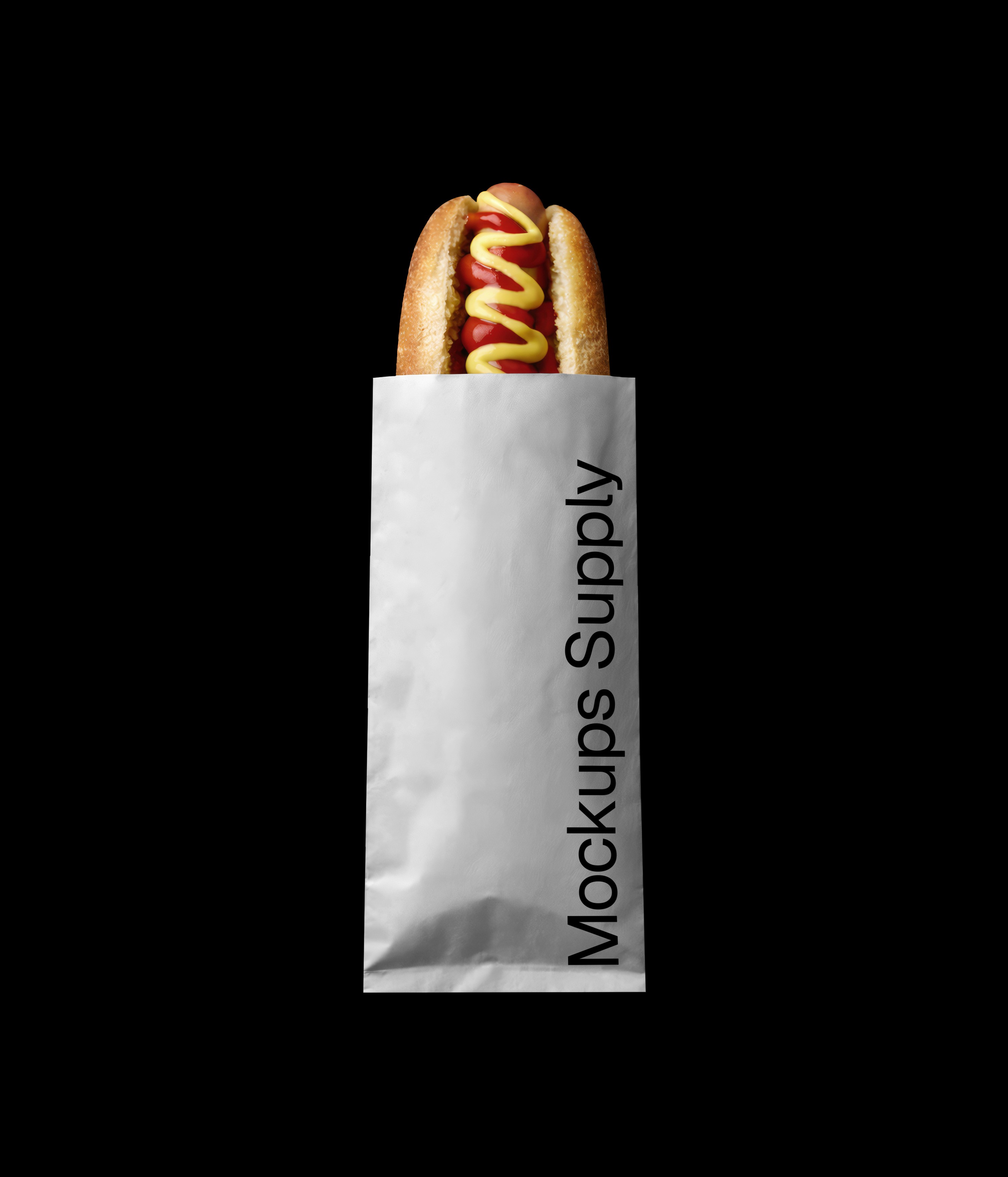 Hot dog in paper bag mockup on dark background download PSD on Mockups Supply