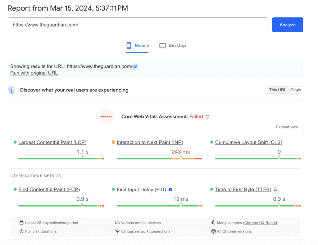 PSI CWV section for mobile