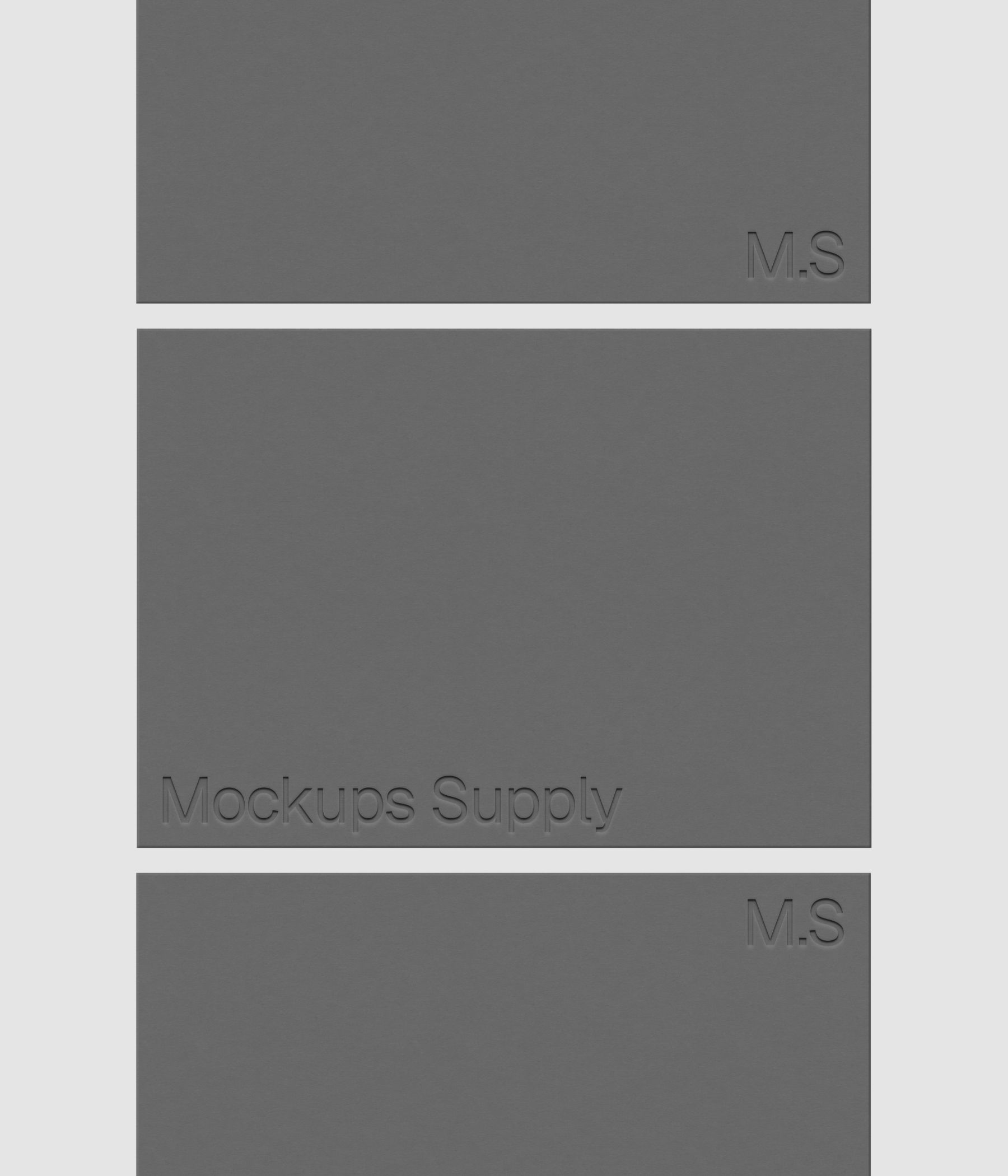Three A4 paper mockup PSD landscape in column with debossed logo effect, gray papers on white background, modern minimal stationery mockup for print design and brand identity