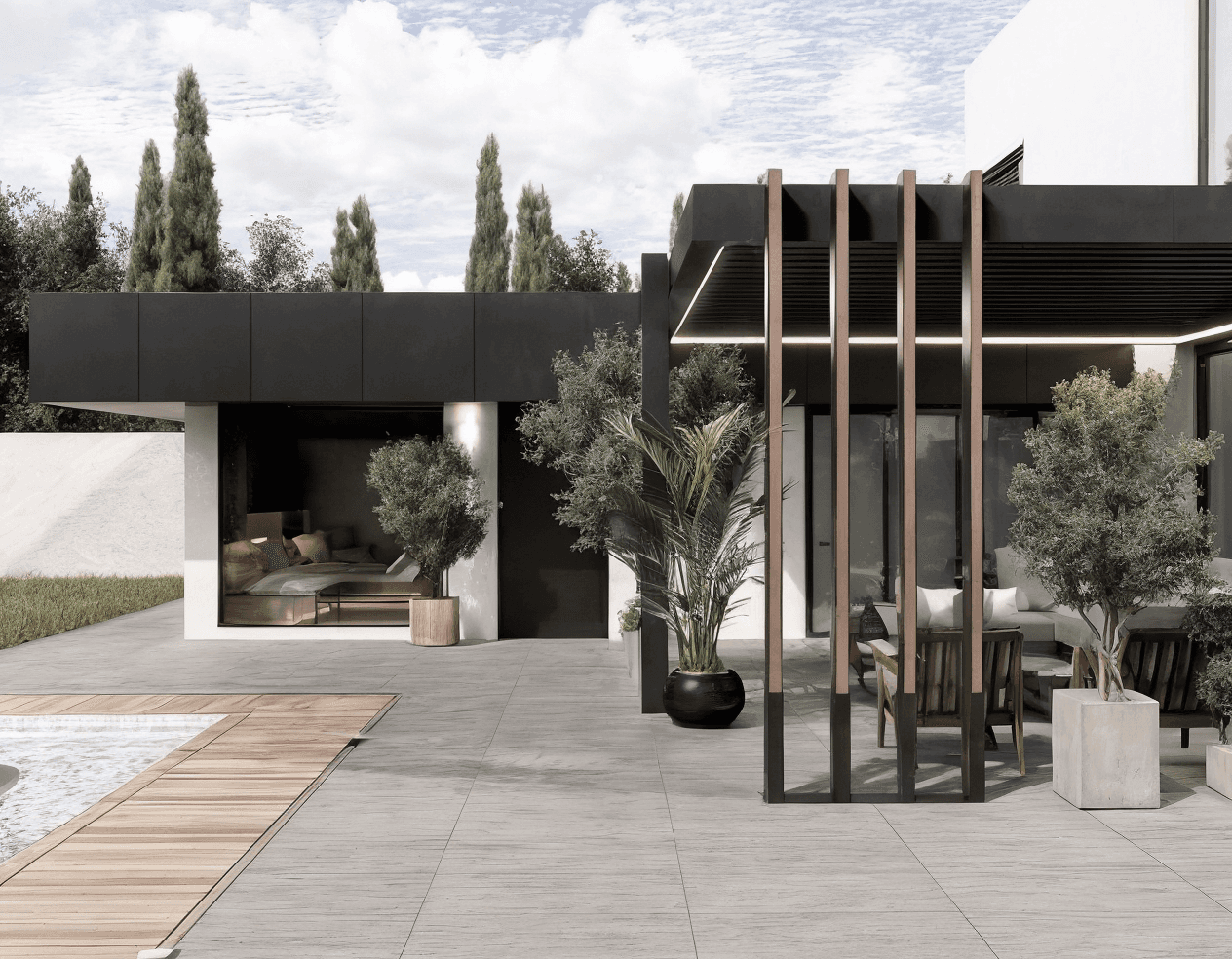 Modern interior entrance with floor-to-ceiling glass walls and warm timber cladding overlooking landscape