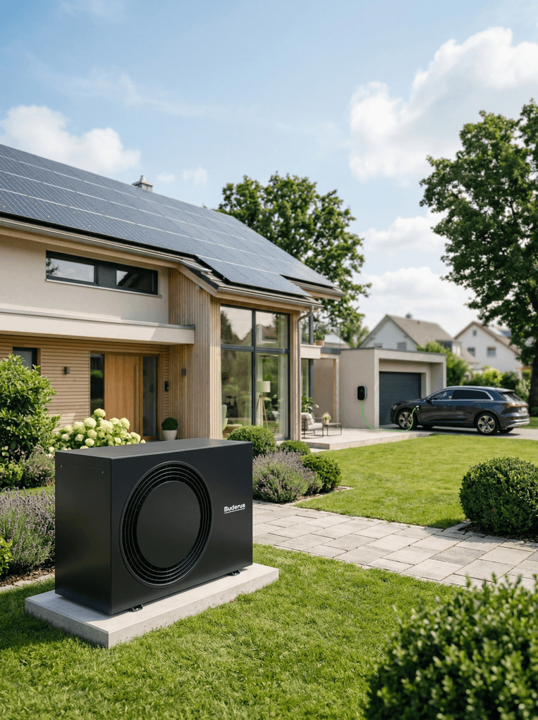 Im Vordergrund ist die Bosch Buderus Wärmepumpe in schwarz. Im Hintergrund sieht man ein Einfamilienhaus mit einem Auto, das an einer Garage parkt. Das Einfamilienhaus hat Solarmodule auf dem Dach, sodass alles ein gesamtes System ergibt.